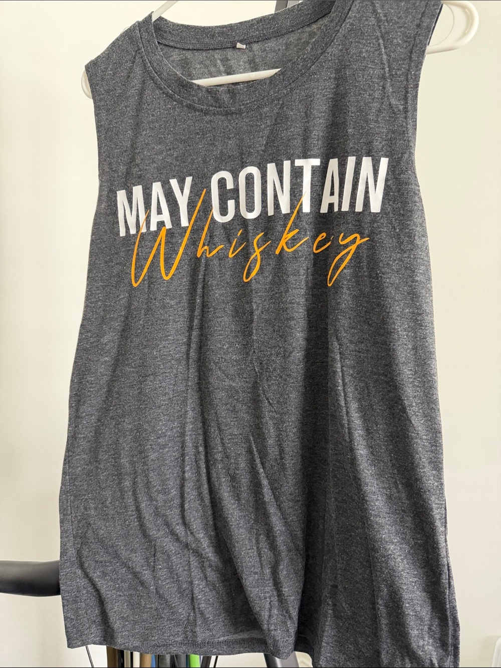 May Contain Whiskey Graphic Muscle Tank - Gray with Yellow Script